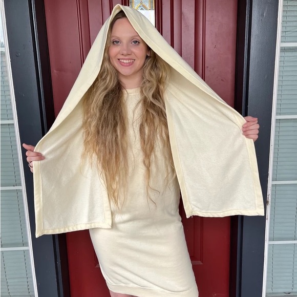 80s ESPIRT SPORT Hooded Sweater Mini Dress, Pale Butter Yellow Sweatshirt Dress - Picture 5 of 9